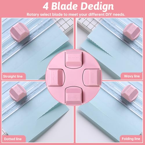 Paper Cutter,4-in-1 Paper Trimmer,Photo Cutter,Multi-Function Scrapbooking Tool with Dial Blades of Straight,Wave,Perforated,Creasing for Cutting Paper,Coupons,Postcards,Card (Pink) - color: Pink