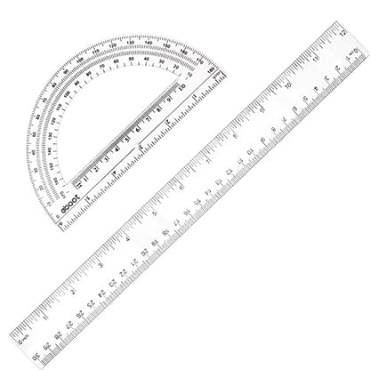Zonon 2 Pcs 12 Inch Clear Ruler and 6 Inch Plastic Protractor Set, Clear - color: Clear