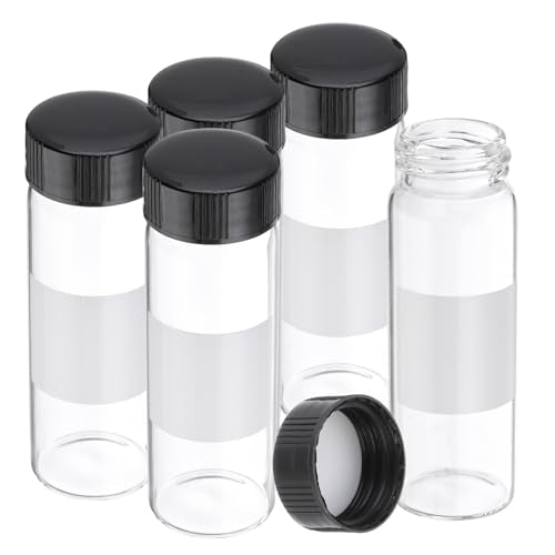PATIKIL Small Glass Sample Bottles with Lids, 5 Pcs 30ml Clear Glass Vials with Black Screw Caps Mini Leak Proof Reagent Sealed Bottles with Writing Label for Solid Liquid Powder Storage - color: Black/Clear, size: 30ml