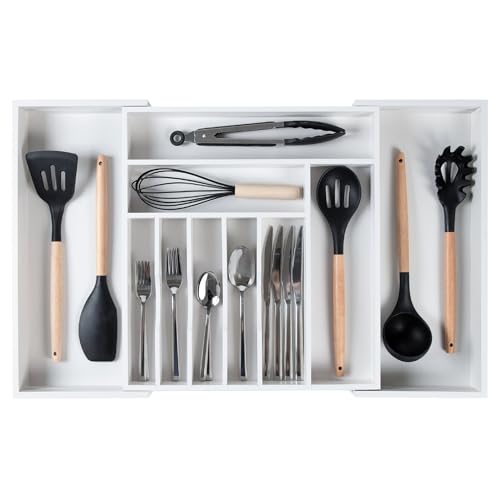 KitchenEdge Silverware & Utensil Organizer | White Bamboo, 16-28 In - color: White Bamboo, size: From 16" to 28" Wide