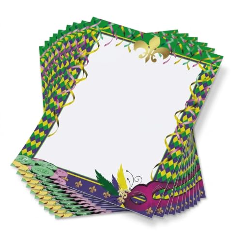 PaperDirect Mardi Gras Affair Border Papers, Party Stationery with Yellow Green Purple Harlequin Diamonds, Mask and Coins, 8.5 x 11, Acid-Free, Ideal for School, Business, Cards, 25 Sheets - color: Mardi Gras Affair