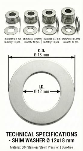12x18mm Shim Washers M12 Stainless Steel 40pc 0.1-0.5mm 12mm ID - size: 12x18