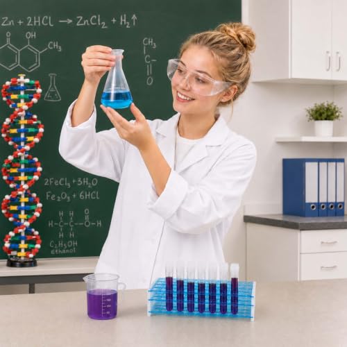 65 Pcs Plastic Graduated Cylinder and Beakers, Plastic Test Tubes Set with Rack, Including 5 Graduated Cylinders, Beakers, 3 Erlenmeyer Flasks, 10 Pipettes, 40 Tubes, Ideal for Science Lab DIY