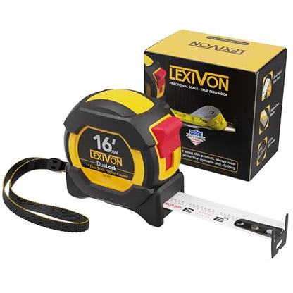 LEXIVON 16Ft/5m DuaLock Tape Measure | 1-Inch Wide Blade with Nylon Coating, Matt Finish White & Yellow Dual Sided Rule Print | Ft/Inch/Fractions/Metric (LX-207) - size: 4.9 m