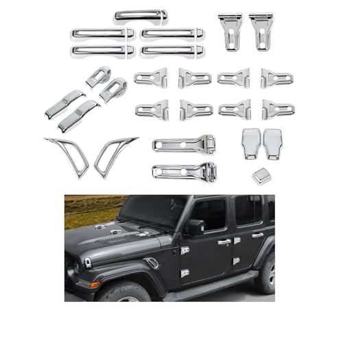 CheroCar 43PCS Full Set Exterior Trim Kit Fit for 2018-2026 Jeep Wrangler JL 4Door Chrome Door Handle,Hood Hinge,Left Right Door Hinge,Tailgate Handle,Spare Tire Bracket,Fender Vent Cover Trim - color: Chrome