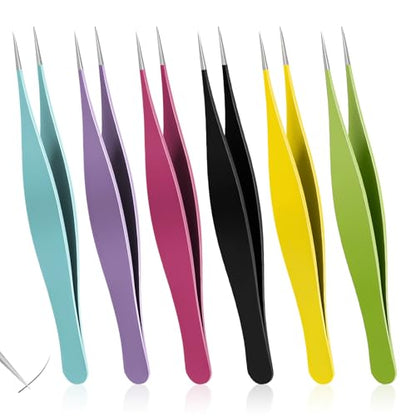 6 PCS Needle Nose Tweezers Fine Point Tip Tweezers for Ingrown Hair Remover Stainless Steel Precision Sharp Blackhead and Splinter Removal Tweezer for Facial Hair and Eyebrow