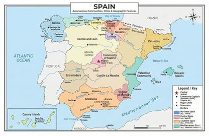 Spain Map Poster 11x17 | Laminated Double-Sided Geography Chart with Color Map Front & Blank Outline Back | Reusable Classroom & Homeschool Learning Tool - color: Spain