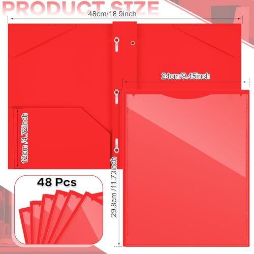 Henoyso 48 Pcs Plastic Folder with Clear Front Pocket and 3 Prongs Heavy Duty Plastic Folders with Card Slot Pocket Folders with Prongs for School Office Home(Red) - color: Red
