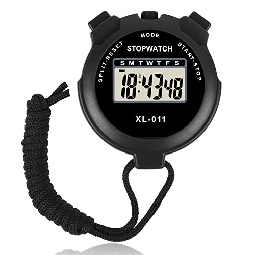 Vicloon Digital Sports Timer, Simple Travel Stopwatch with Large Display, Single Lap Split Timer, 12/24 Hour Clock Alarm Date (Black) - color: Black