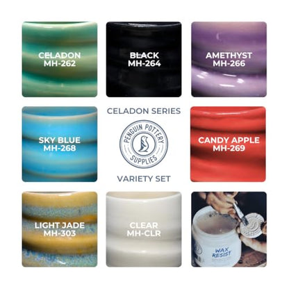 Penguin Pottery - Variety Set - Mid Fire Celadon Series - Cone 6 - Includes 8 4oz Jars - color: Celadon Series (Mid Fire)
