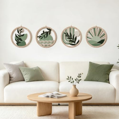 Abstract Mid Century Boho Green Botanical Wall Decor‑4 Pieces 10''x10'' - color: Farmhouse geometric