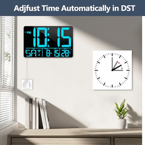 PERSUPER 13" Digital Wall Clock Large Display with Remote, Temp & Timer - style: Blue