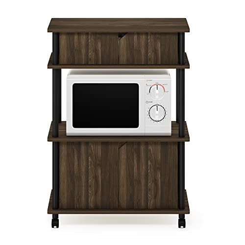 Furinno Turn-N-Tube Kitchen Storage Cart with Cabinet and Lockable Wheels, Columbia Walnut/Black - color: Columbia Walnut/Black, size: 3-Tier with Cabinet