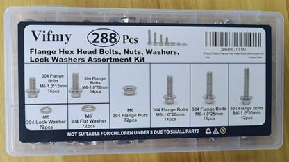 M6-1.0 Flange Bolt & Nut(12/16/20/25/30mm) Assortment Kit Stainless 288Pcs - size: SS Metric M6