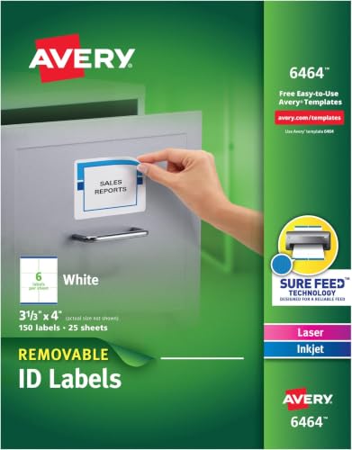 Avery Removable ID Labels, Sure Feed Technology, Removable Adhesive, 3-1/3" x 4", 150 Labels (6464) (Pack of 5) - size: Pack of 5