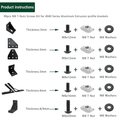 80 pcs M8 T Nut Screws Kit for 4040 4080 Aluminum Extrusion, 26 pcs Black M8x12/16/20mm Hexagon Socket Carbon Steel Screws and 26 pcs M8 Drop in T-Nuts, 28 Washers with Hex Wrench - style: 80pcs 40 Series Screws Kit Black