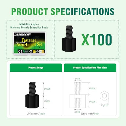 100 Pcs M3x6+6mm Nylon Black Male-Female Hex Standoff Spacer Kit - size: M3*6 mm, style: Black Male-Female Hex Standoff