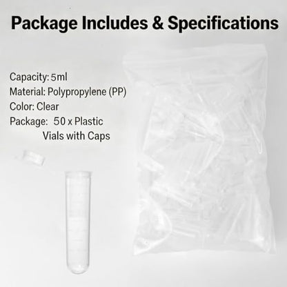 50pcs 5ml Plastic Test Tubes with Scale & Round Bottomed