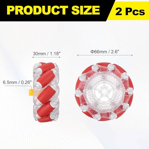 MECCANIXITY 1Set Mecanum Wheels Set with Hexagonal Universal Pins and Screws, 66mm / 2.6" ABS Rubber Omnidirectional Wheels for Smart Robot Car Parts DIY Models Accessories, Red