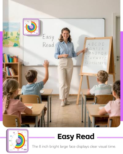 8-Inch Large Visual Timer for Kids 60-Minute Classroom Timer Magnetic - color: Purple-rainbow