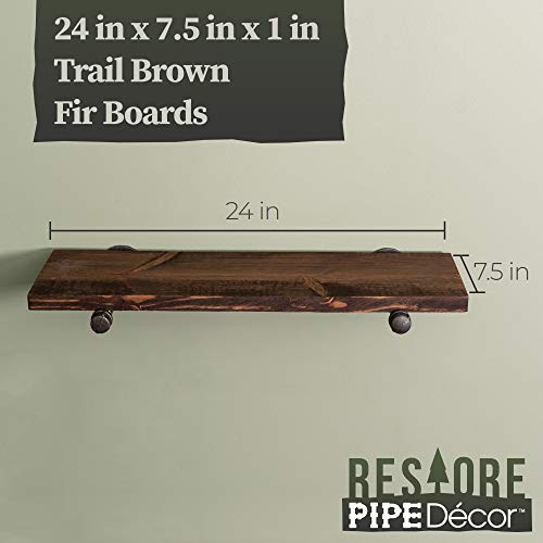Industrial Pipe Wooden Shelves Restore by Pipe DÉCOR Premium Douglas Fir Wood Shelving 24 Inch Length Set of 2 Boards and 4 Straight Brackets Trail Brown Finish - color: Trail Brown, size: 24 Inch