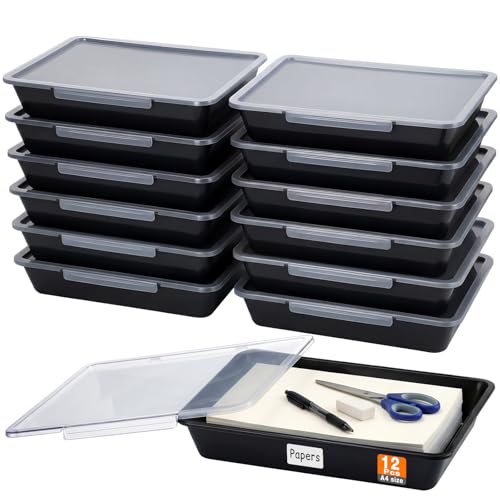 Tinlade 12 Pcs Classroom Paper Storage Bins with Lids, Black, 13x10in - color: Black