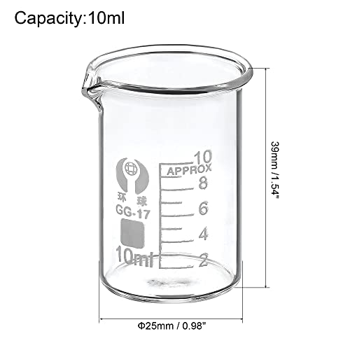 PATIKIL 10ml Low Form Glass Beaker, 3.3 Borosilicate Glass Graduated Printed Scale Measuring Cups with Spout for Kitchen Lab Liquids Transit Boiling - size: 10ml