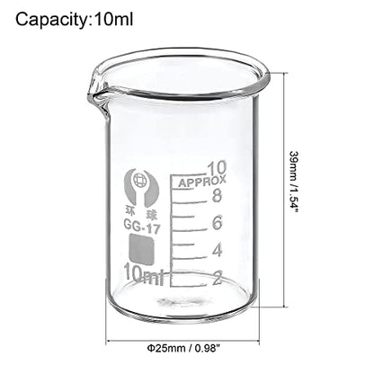 PATIKIL 10ml Low Form Glass Beaker, 3.3 Borosilicate Glass Graduated Printed Scale Measuring Cups with Spout for Kitchen Lab Liquids Transit Boiling - size: 10ml