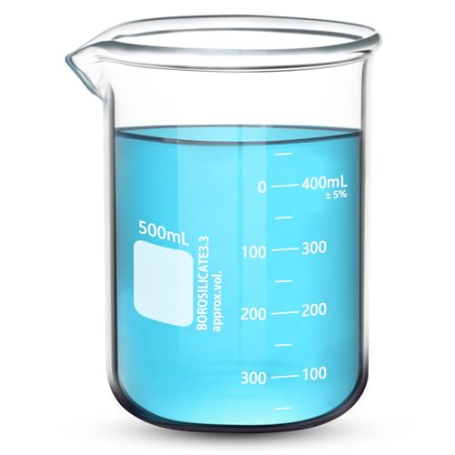 Heavy Duty 500ML Glass Beaker, White Double Scale Graduation, Borosilicate 3.3 Glass, Low Form Griffin Lab Measuring Beaker, 1 Each (500ML) - size: 500ML