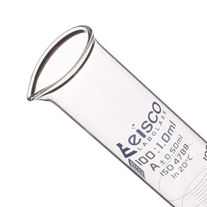 Graduated Cylinder, 100ml - Class A Tolerance ±0.50ml - Hexagonal Base - Blue Graduations - Borosilicate 3.3 Glass - Eisco Labs - size: 100mL