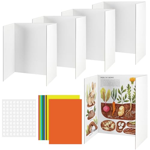 4 Pcs Trifold Poster Board, White Presentation Board Comes with Cardstock & Sticky Dots, Corrugated Display Board for School exhibitions, Business Presentations, 26 x 17 in