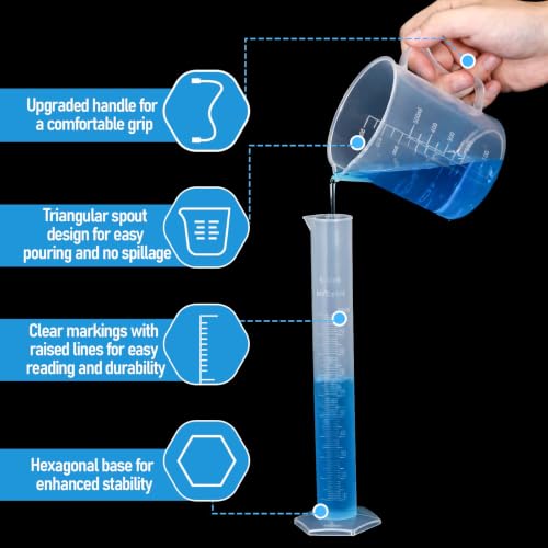 65 Pcs Plastic Graduated Cylinder and Beakers, Plastic Test Tubes Set with Rack, Including 5 Graduated Cylinders, Beakers, 3 Erlenmeyer Flasks, 10 Pipettes, 40 Tubes, Ideal for Science Lab DIY