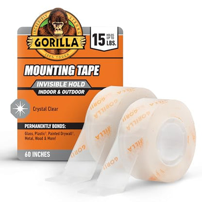 GORILLA Invisible Hold Mounting Tape, 1" x 60", Clear Double Sided, 2-Pack