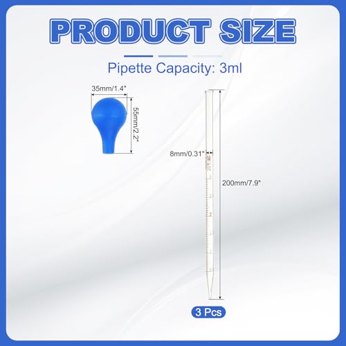 PATIKIL Graduated Dropper Pipettes Kit, 3pcs 3ml Borosilicate Glass Pipette with Rubber Cap for Transfer Liquid for Lab, Chemistry, Clear - size: 3ml