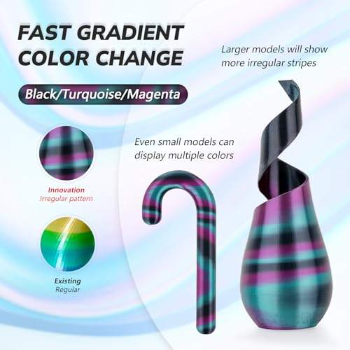 AMOLEN Silk PLA 3D Printer Filament, Shiny Multicolor Rainbow PLA Filament 1.75mm, Fast Color Change PLA 3D Printing Filament for Most FDM 3D Printer, Black Turquoise Magenta, 1kg (2.2lbs) - color: Black/Turquoise/Fuchsia