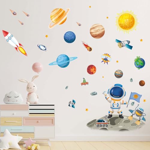 Outer Space Astronaut Wall Stickers - Planets Rocket Boys Wall Decals - Baby Nursery Kids Room Daycare Playroom Classroom Wall Decor - color: A