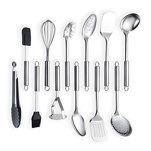 Berglander Cooking Utensil Set 12 Piece Stainless Steel Kitchen Tool Set, Include Cooking Spoon, Spatula, Whisk, Cooking Tong and etc (12 Pieces) - color: 12 Pieces