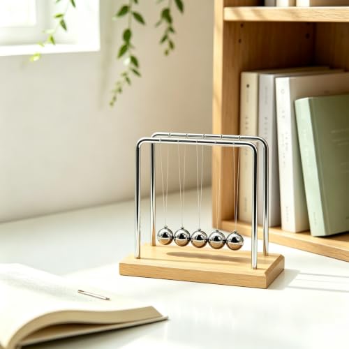 Newtons Cradle Balance Pendulum Balls, Swinging Kinetic Balls with Beech Base, Science Physics Educational Learning Tool, Office Home Creative Decoration, Stress Relief Fidget Desk Toy (Medium) - size: Beech Base Medium - 5 Balls