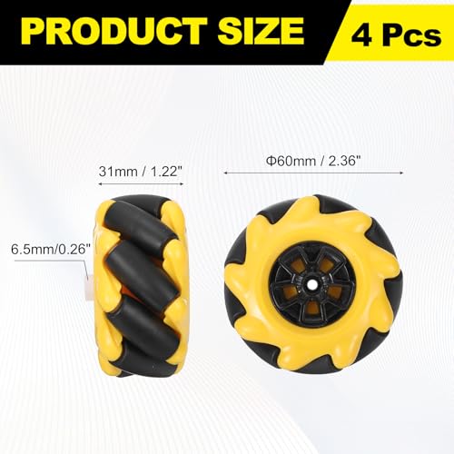 MECCANIXITY 4Pack Mecanum Wheels Set, 60mm / 2.36 ABS Rubber left and right Omnidirectional Wheels for Smart Robot Car Parts DIY Models Accessories, Yellow - size: 60mm / 2.36"