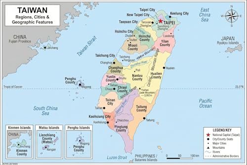 Taiwan Map Poster for Kids - Educational Geography Wall Art with 22 Divisions, Capitals & Major Cities - Laminated Double-Sided (Color Map + Blank Practice) - Classroom & Homeschool - color: Taiwan