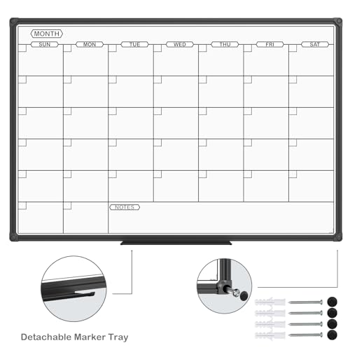 JILoffice Dry Erase Calendar Whiteboard - Magnetic White Board Calendar Monthly 36 X 24 Inch, Black Aluminum Frame Wall Mounted Board for Office Home and School - color: Black, size: 36"W x 24"H
