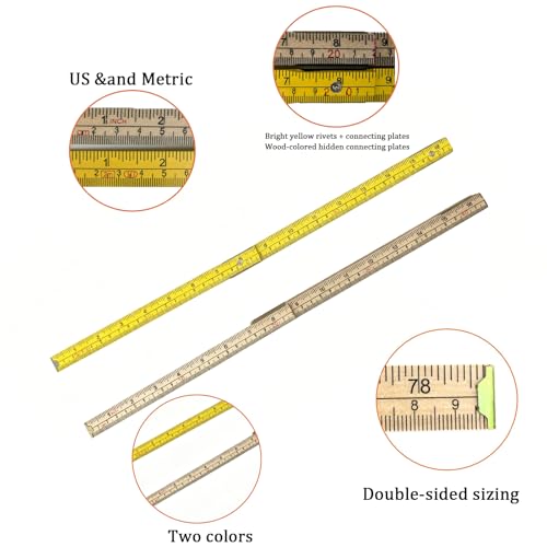 Folding Wooden Ruler 2 Pack, 6.6 FT, Foldable Yard Stick with US and Metric - color: Natural Wood+Yellow