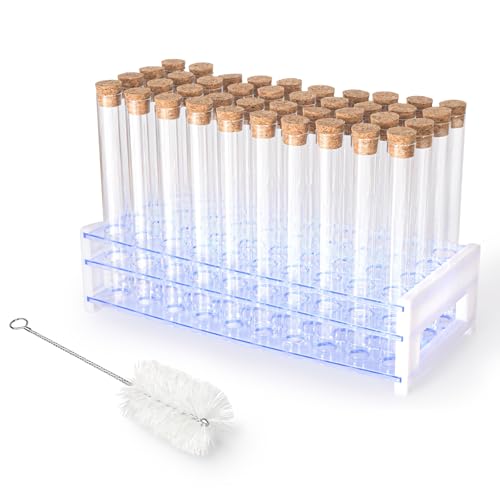 25ml 40pcs Clear Glass Test Tubes 18x150mm with Cork Stoppers and 1pcs 50Holes Plastic Tubes Rack for use in Laboratories, Plant Propagation, Parties, Bath Salts, Candy Storage - size: 18*150mmGlass Test Tube & Tube Rack Set