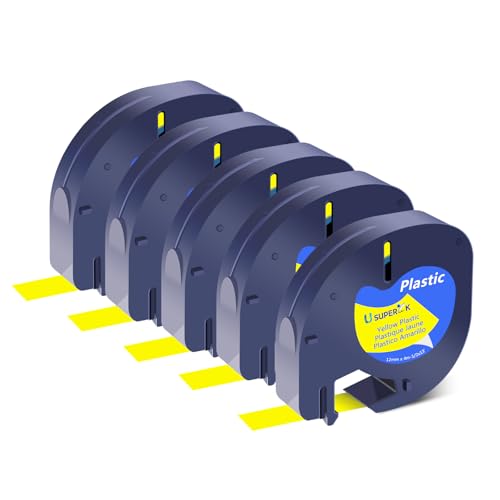 USUPERINK 5PK Compatible for Dymo LetraTag Refills 91202 91222 91332 59423 S0721620 Yellow Plastic Label Tape 1/2'' 12mm x 4m for Letra Tag LT100H LT100T QX50 Label Maker Black on Yellow Tape - color: Black on Yellow