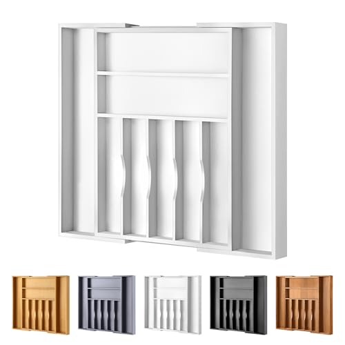 Large Premium Bamboo Silverware Organizer - Expandable Drawer Organizer & Utensil Organizer - 17"x19.7" Cutlery Tray with Dividers for Kitchen Utensils and Flatware (7-9 Slots) (White) - color: White, size: 9 Slots Expandable