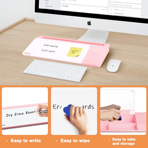 SELEAD Desktop Glass Whiteboard with Wireless Charger and Mirror, Pink - color: Pink, size: 16"x7"