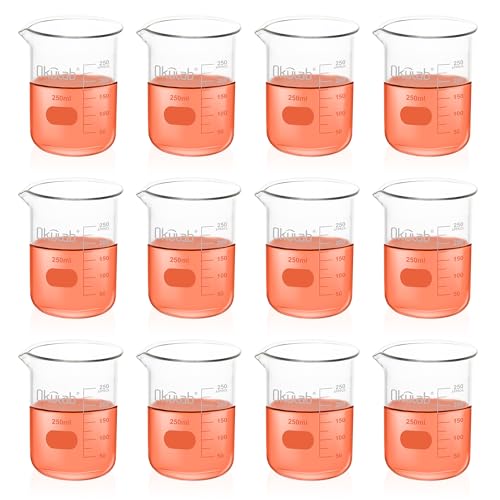 12 Pcs 250mL Glass Beaker Set, Low Form Beakers Graduated Glass Beakers for Lab, Classroom, Craft, Kitchen,BKLG250A12-X - style: 12 Pcs of 250ml