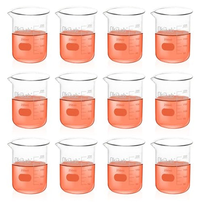 12 Pcs 250mL Glass Beaker Set, Low Form Beakers Graduated Glass Beakers for Lab, Classroom, Craft, Kitchen,BKLG250A12-X - style: 12 Pcs of 250ml