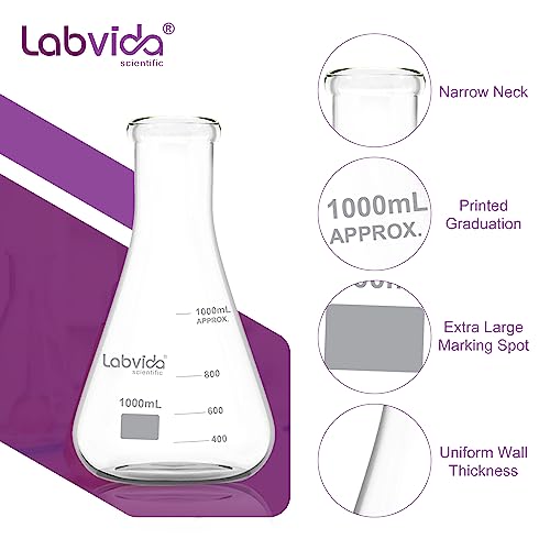2pcs 1000ml Narrow Mouth Glass Erlenmeyer Flasks, LVC005 - style: Vol. 1000ml, Pack of 2