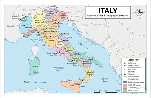 Italy Map Poster 11x17 | Laminated Double-Sided Geography Chart with Color Map Front & Blank Outline Back | Reusable Classroom & Homeschool Learning Tool - color: Italy